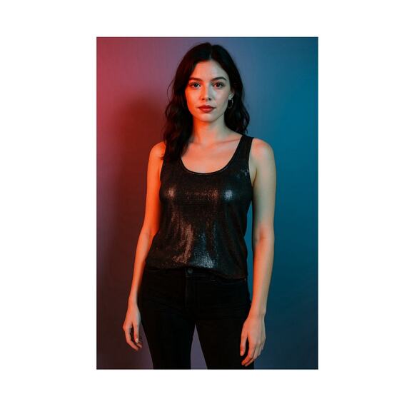 Black Metallic Mesh Tank Top Y2K Clubwear Sparkle Sleeveless M - Picture 1 of 6
